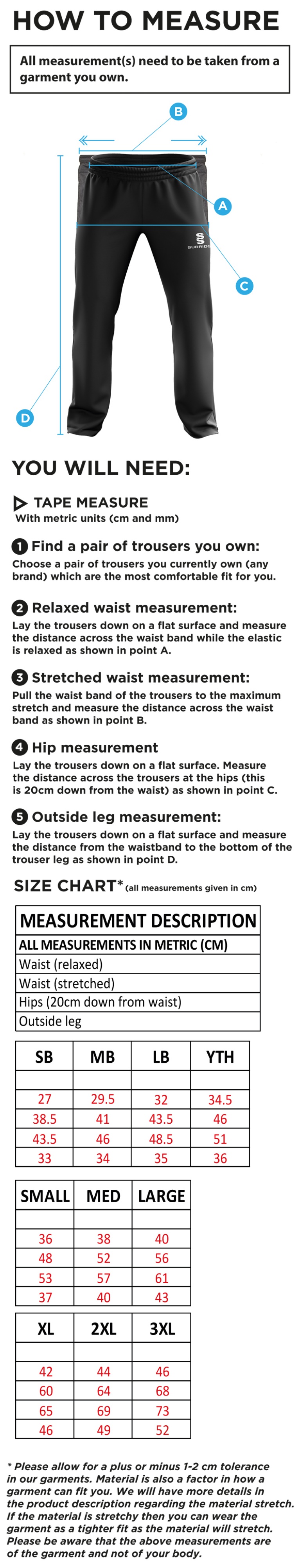 University of Greenwich - Men's Ripstop Track Pants - Size Guide