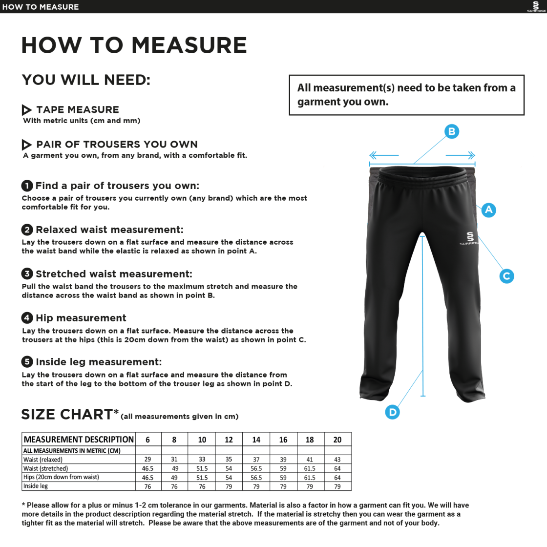 University of Greenwich - Women's Poplin Track Pants - Size Guide