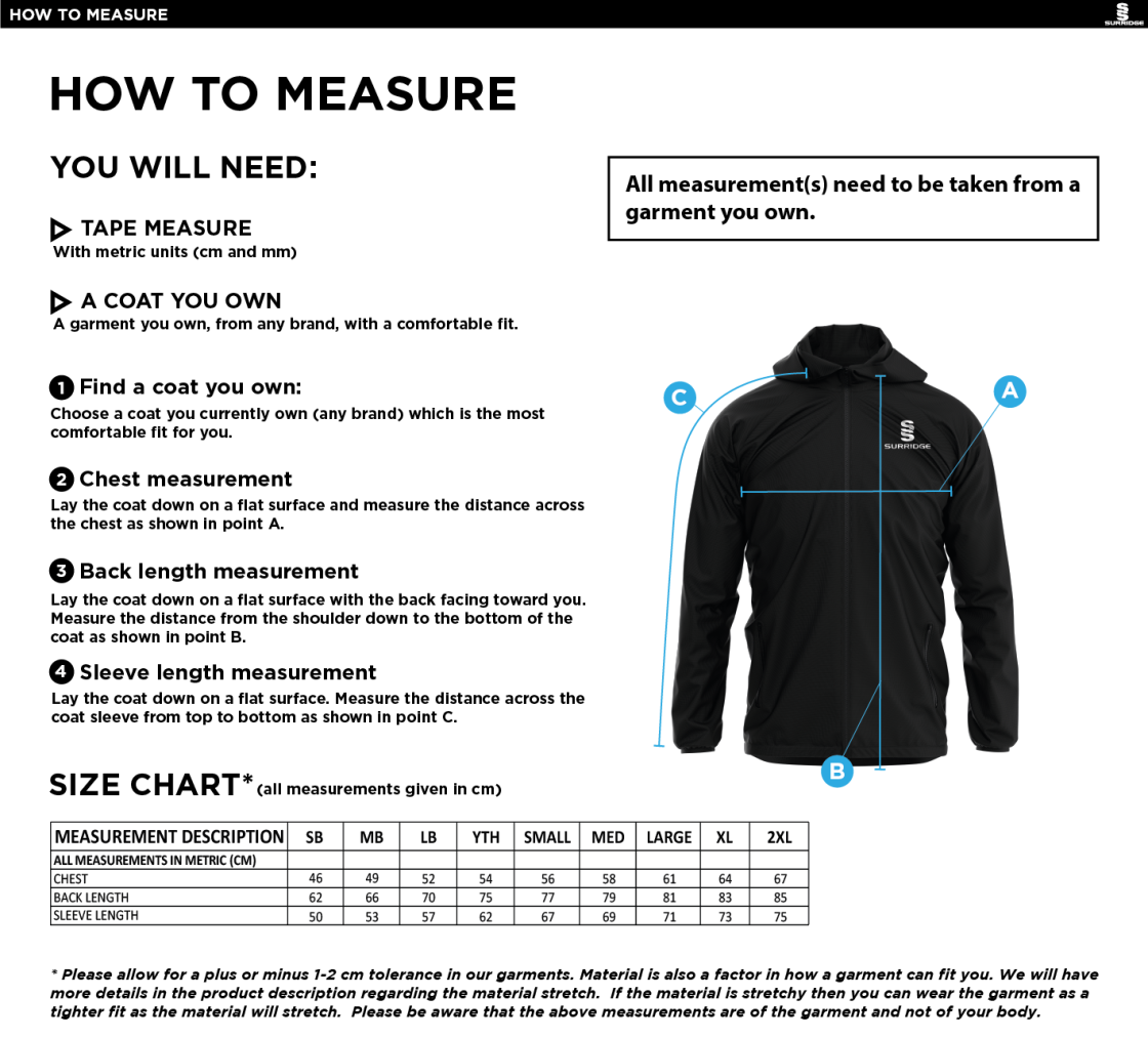 University of Greenwich - 1/4 Zip Rain-Jacket - Size Guide
