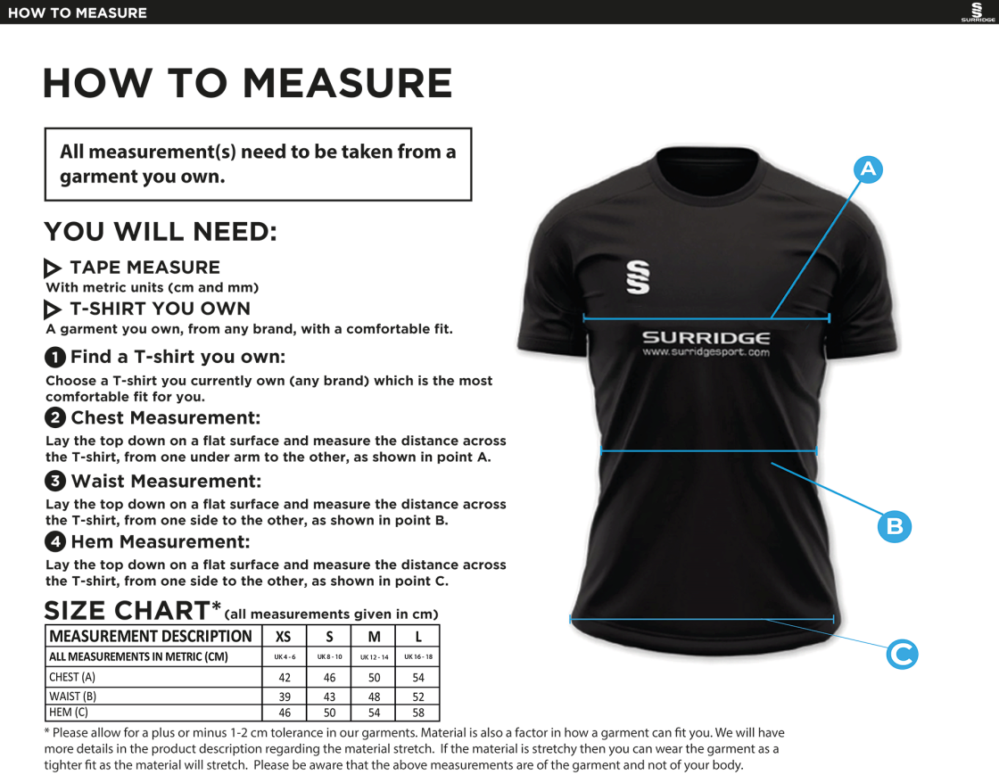 University of Greenwich - Women's Games Shirt - Size Guide