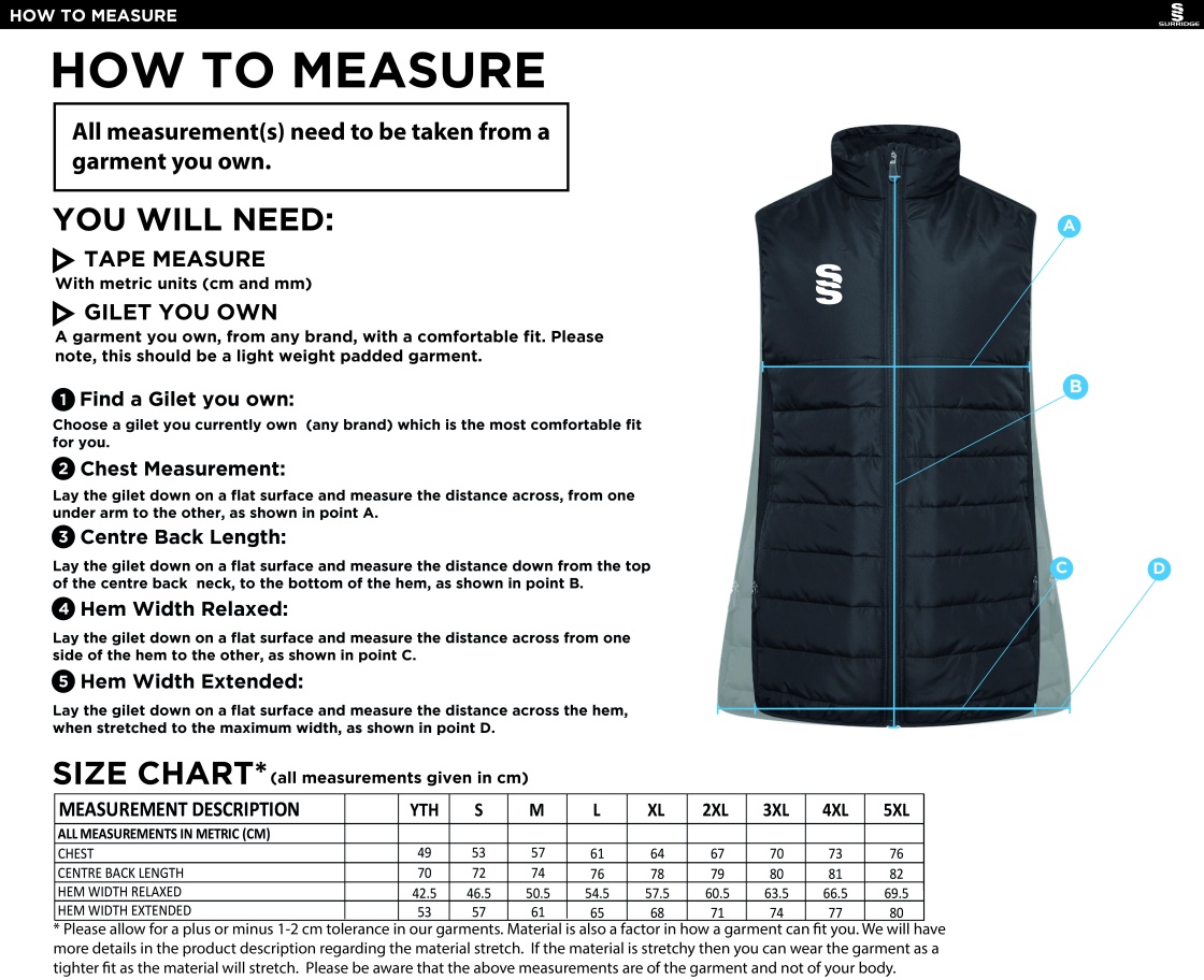 University of Greenwich - Gilet - Size Guide