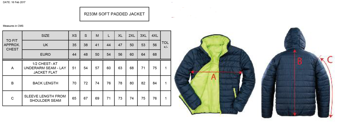 University of Greenwich - Padded Jacket - Size Guide