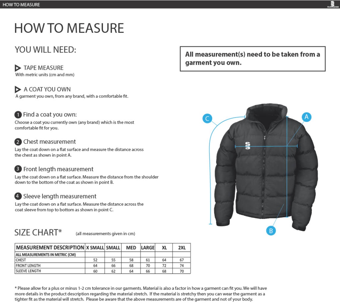 University of Greenwich - Puffa Jacket - Size Guide