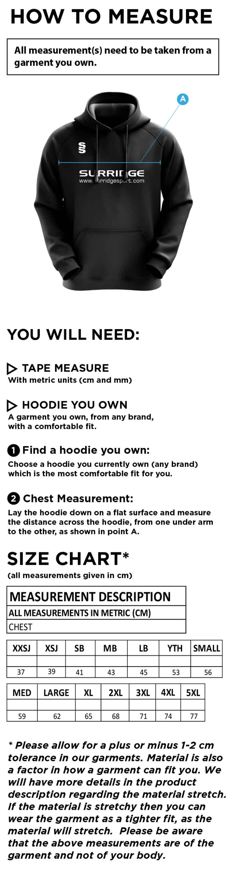 University of Greenwich - Overhead Hoodie - Size Guide
