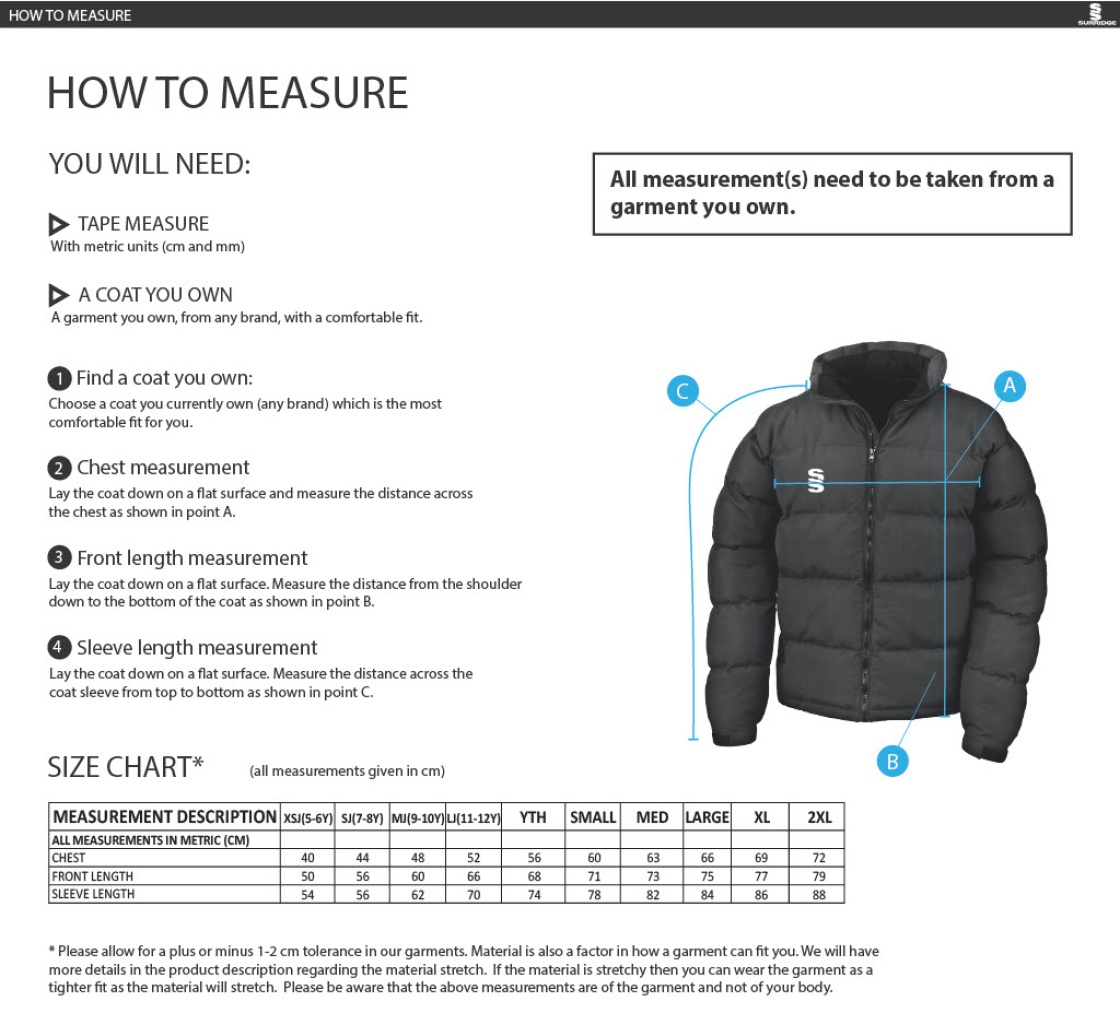 University of Greenwich - Puffa Jacket - Size Guide