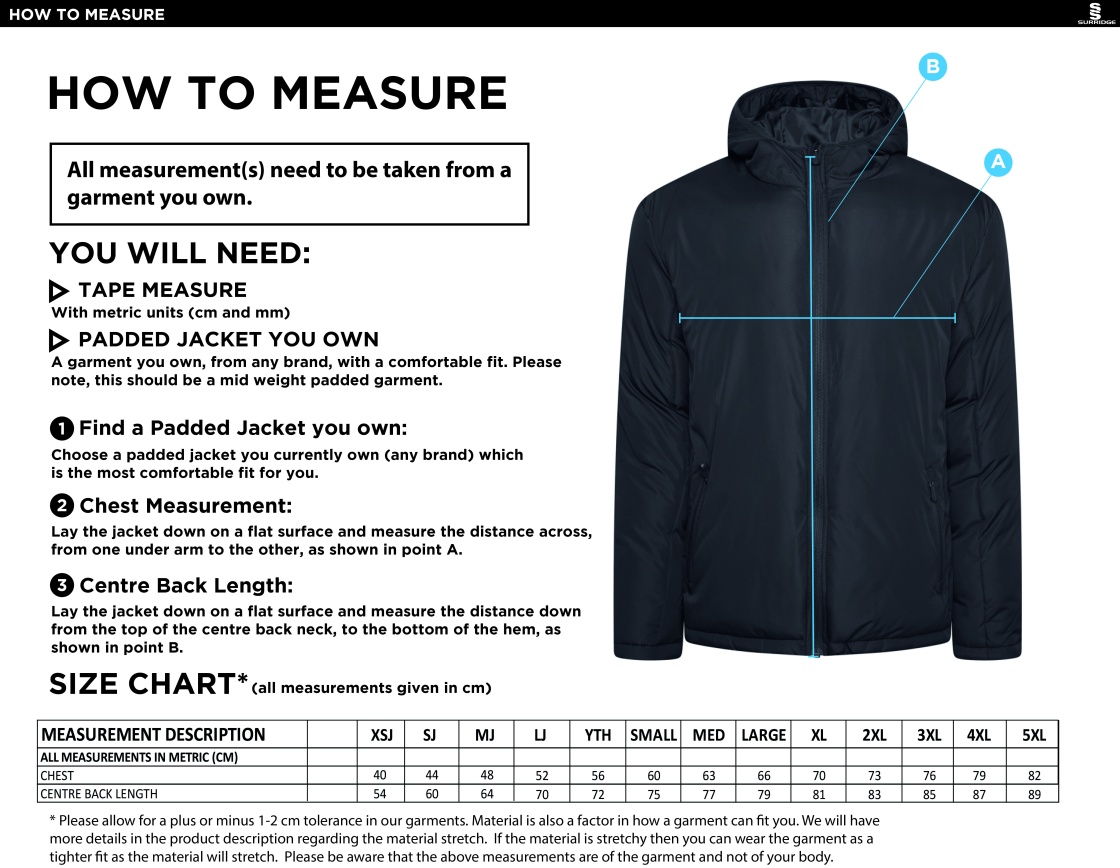 University of Greenwich - Coaches Jacket - Size Guide