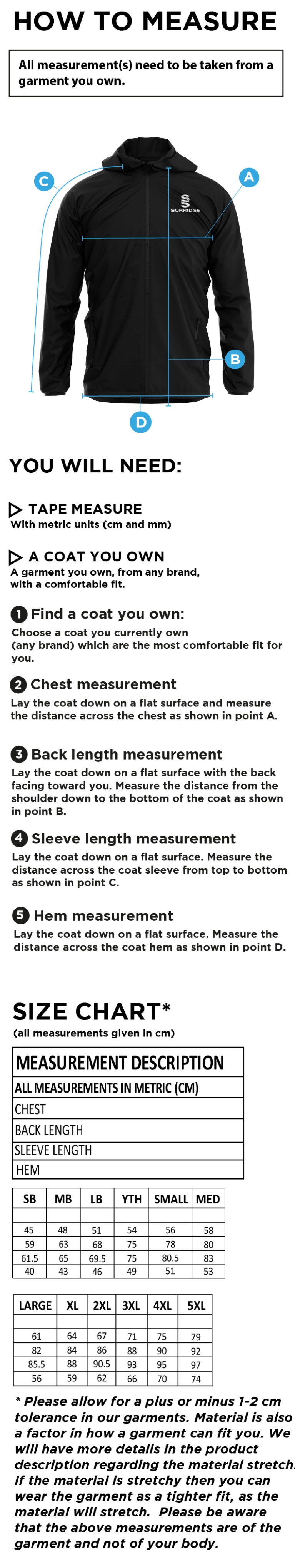 University of Greenwich - Training Jacket - Size Guide