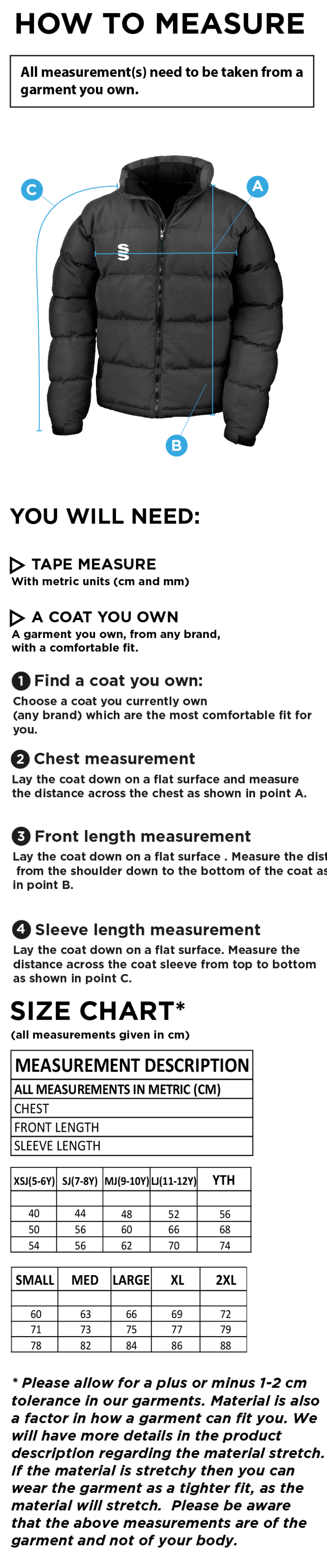 University of Greenwich - Puffa Jacket - Size Guide