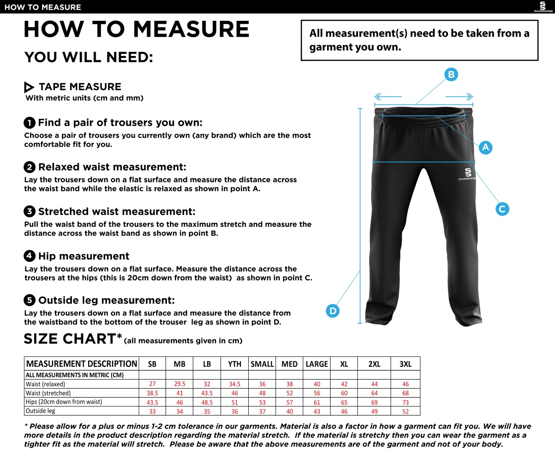 University of Greenwich - Men's Ripstop Track Pants - Size Guide