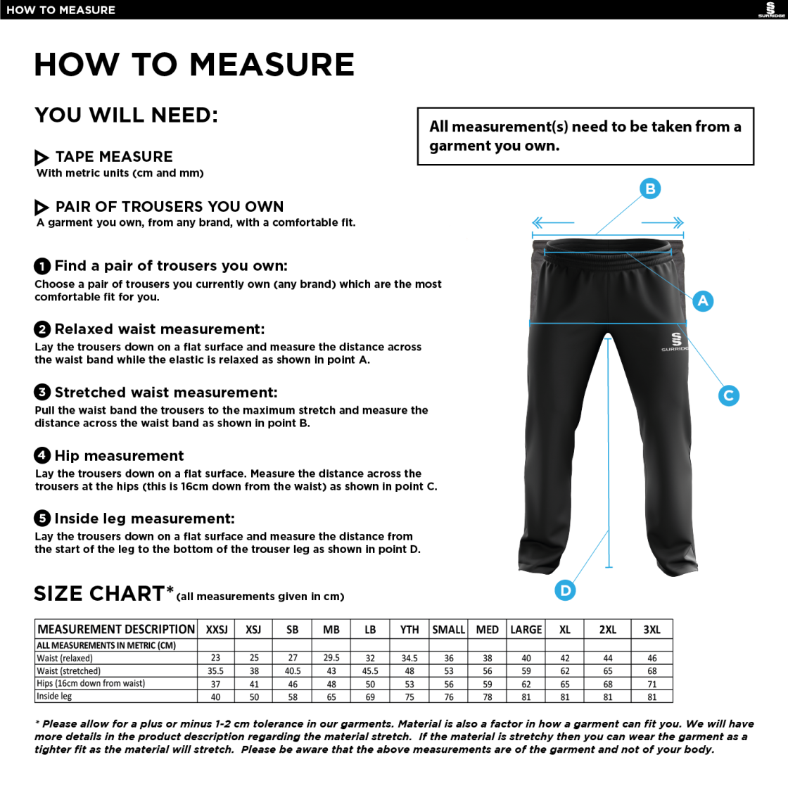 University of Greenwich - Men's Poplin Track Pants - Size Guide