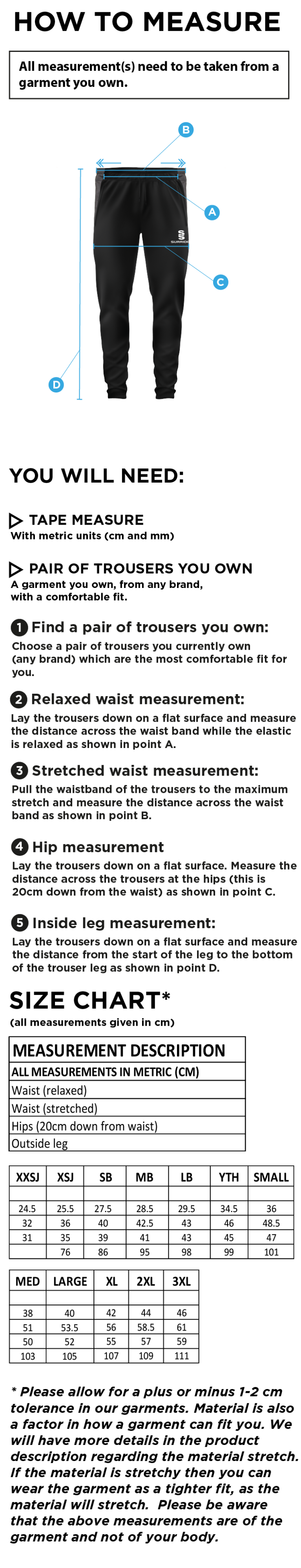 University of Greenwich - Tek Pants - Size Guide
