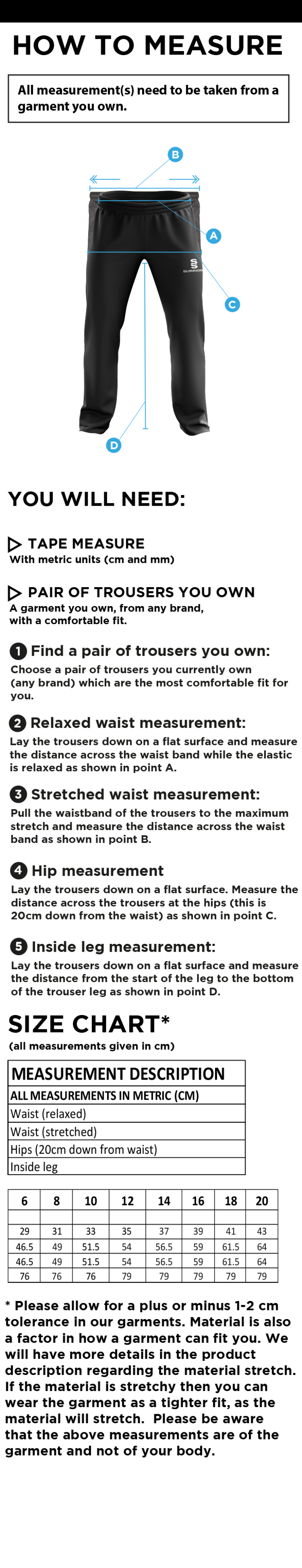 University of Greenwich - Women's Poplin Track Pants - Size Guide