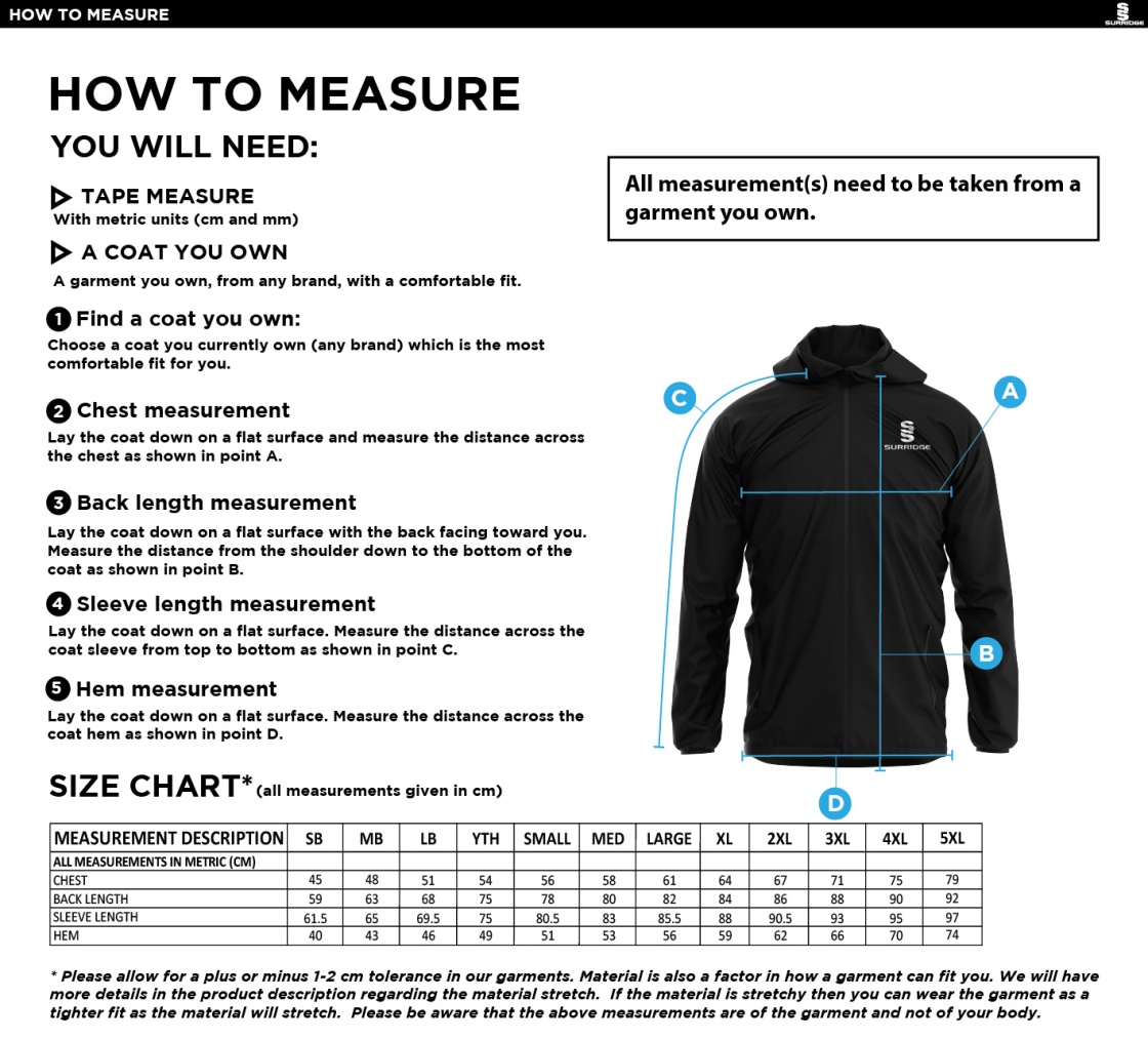University of Greenwich - Training Jacket - Size Guide