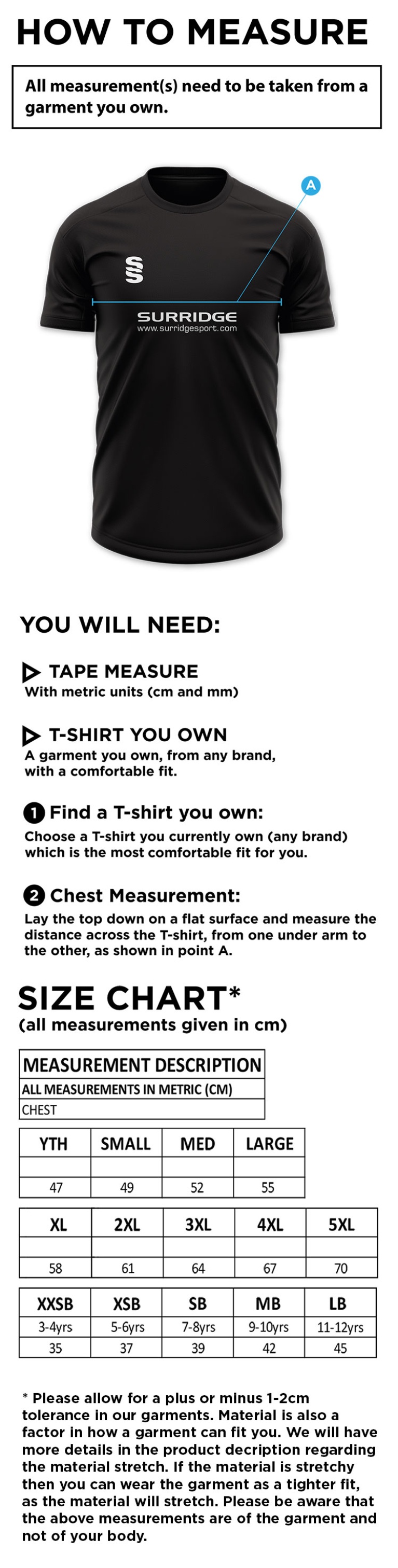 University of Greenwich - Training Shirt - Size Guide