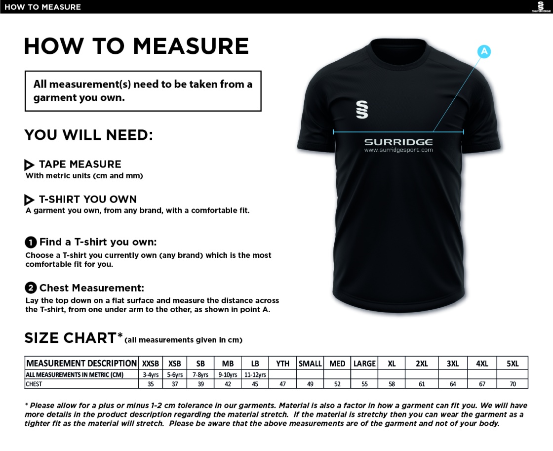 University of Greenwich - Training Shirt - Size Guide