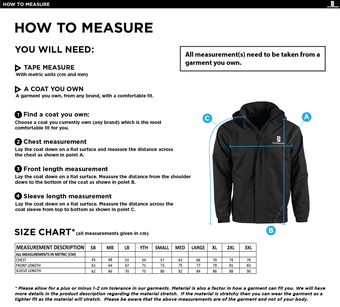 University of Greenwich - Lined Jacket - Size Guide
