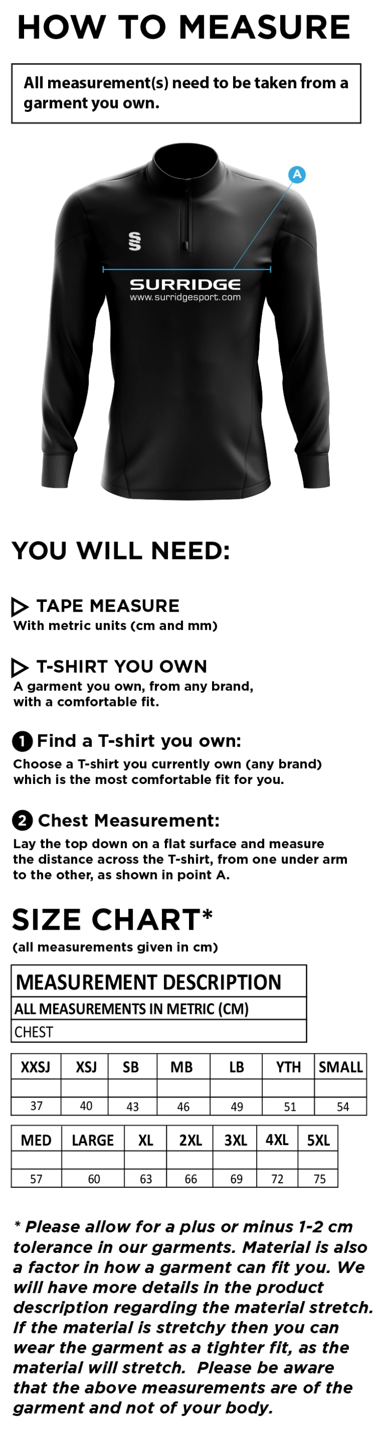 University of Greenwich - Performance Top - Size Guide