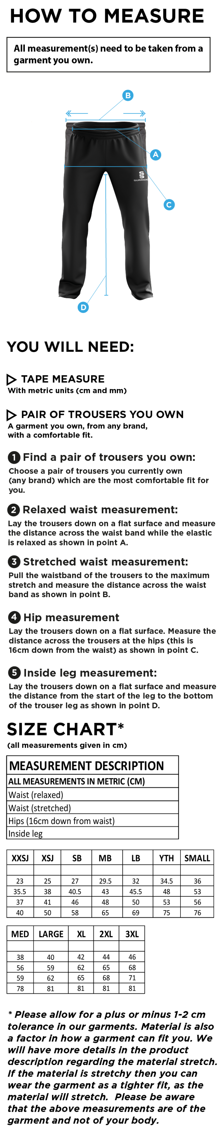 University of Greenwich - Men's Poplin Track Pants - Size Guide