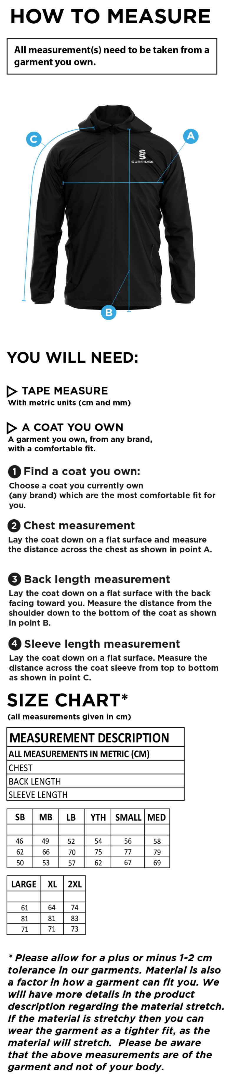 University of Greenwich - 1/4 Zip Rain-Jacket - Size Guide