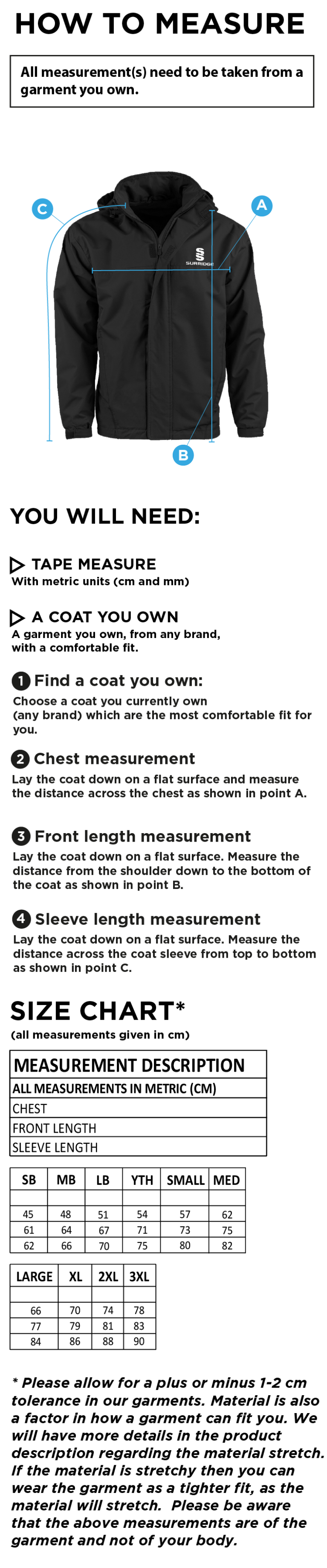 University of Greenwich - Lined Jacket - Size Guide