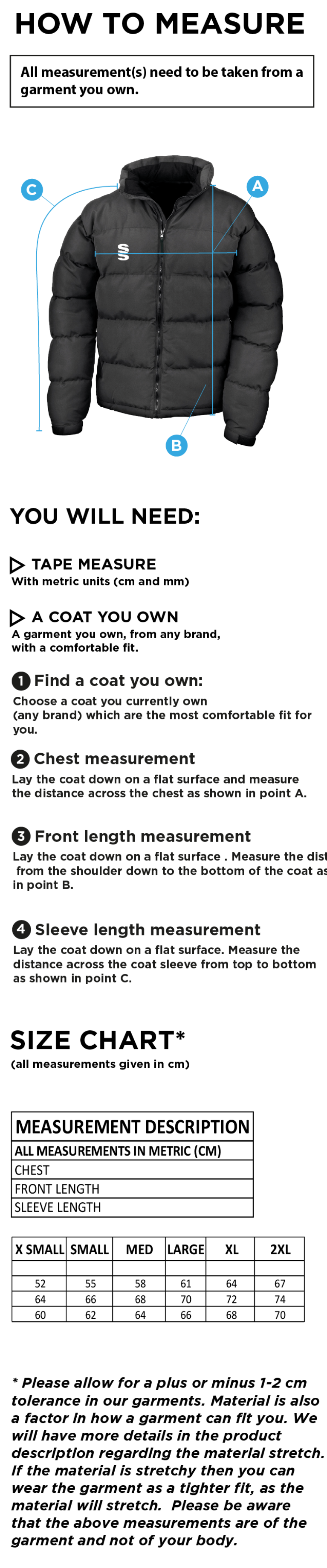 University of Greenwich - Puffa Jacket - Size Guide